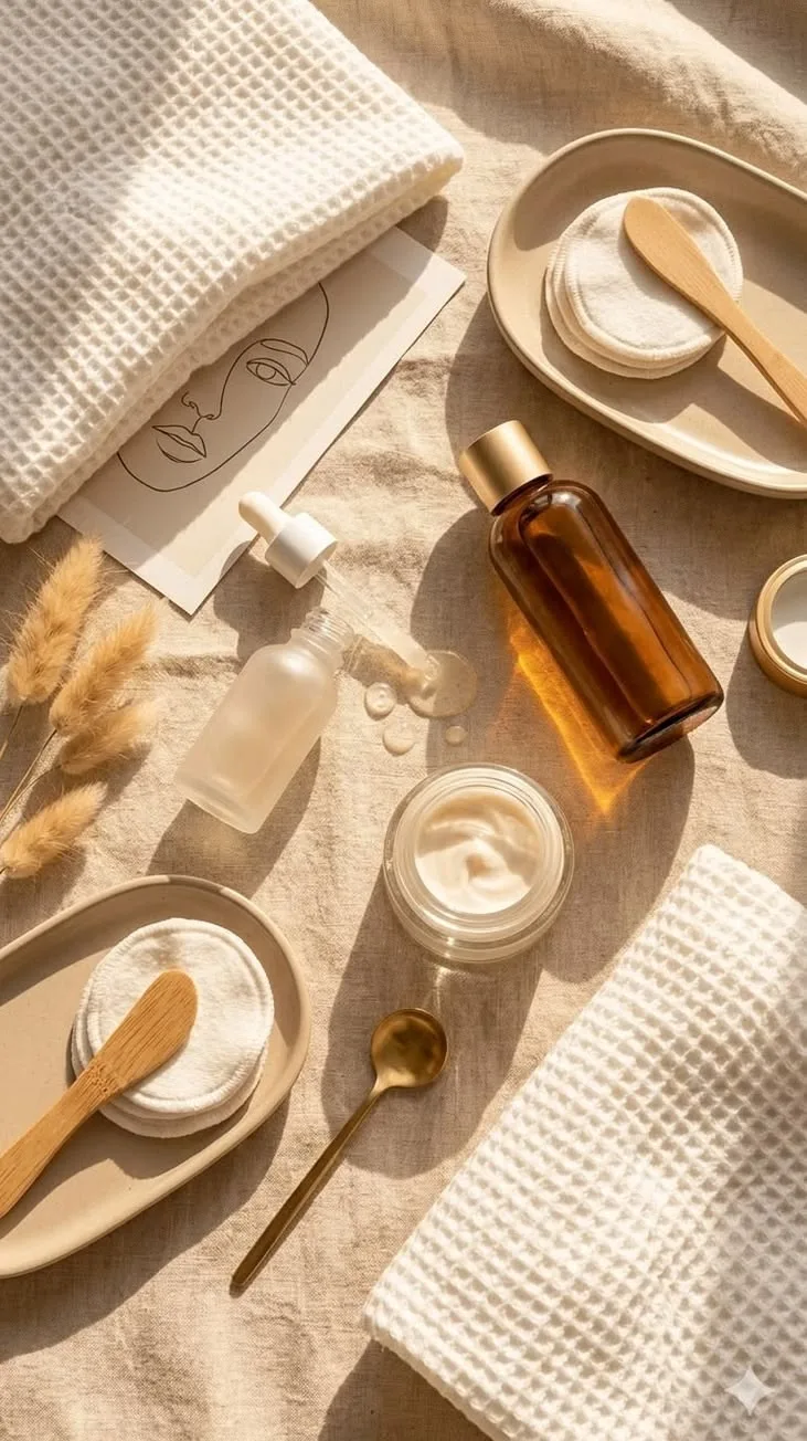 Skincare products and tools arranged on fabric